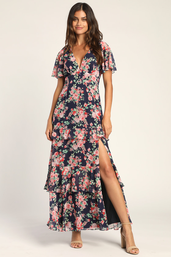 Navy Floral Print Dress - Tiered Maxi Dress - V-neck Dress - Lulus