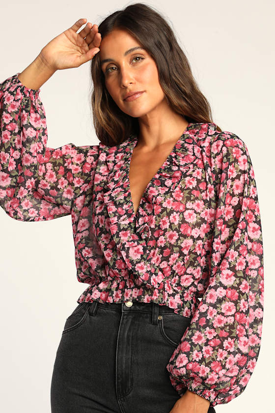 Floral Report Black Floral Print Ruffled Long Sleeve Top 2