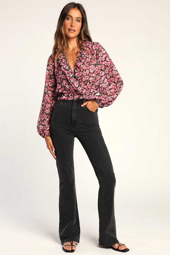 Floral Report Black Floral Print Ruffled Long Sleeve Top 3