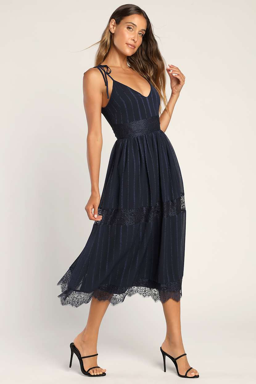 Navy Lace Dress - Tie-Strap Dress - Lace Midi Dress - Lulus