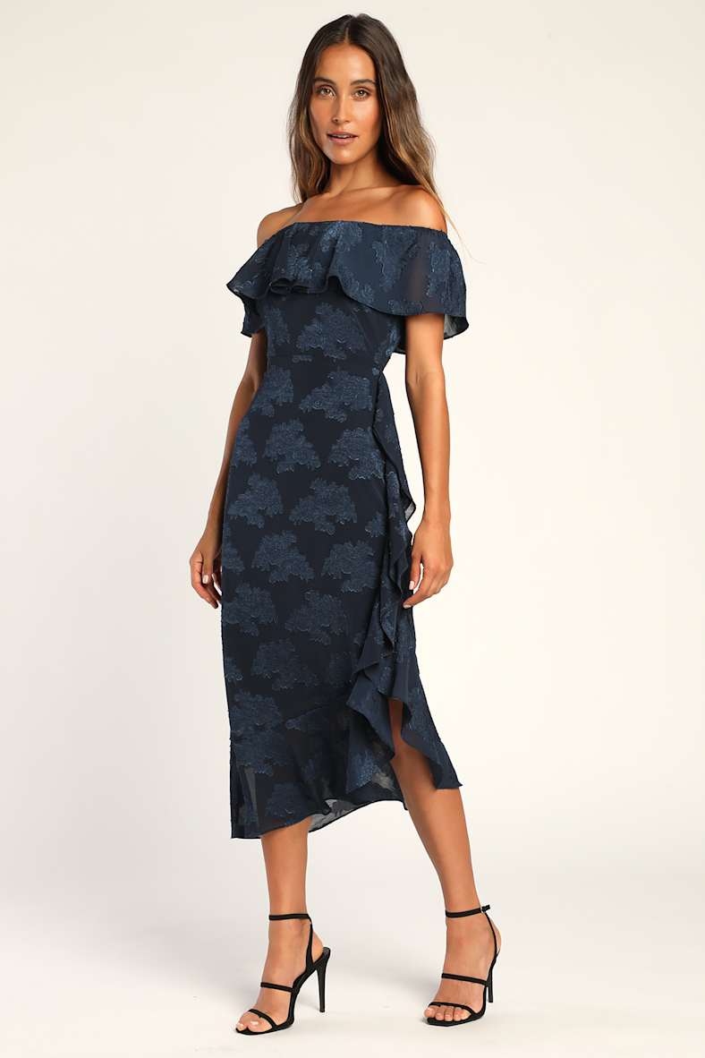 Pretty Perfect Navy Floral Burnout Off-The-Shoulder Midi Dress