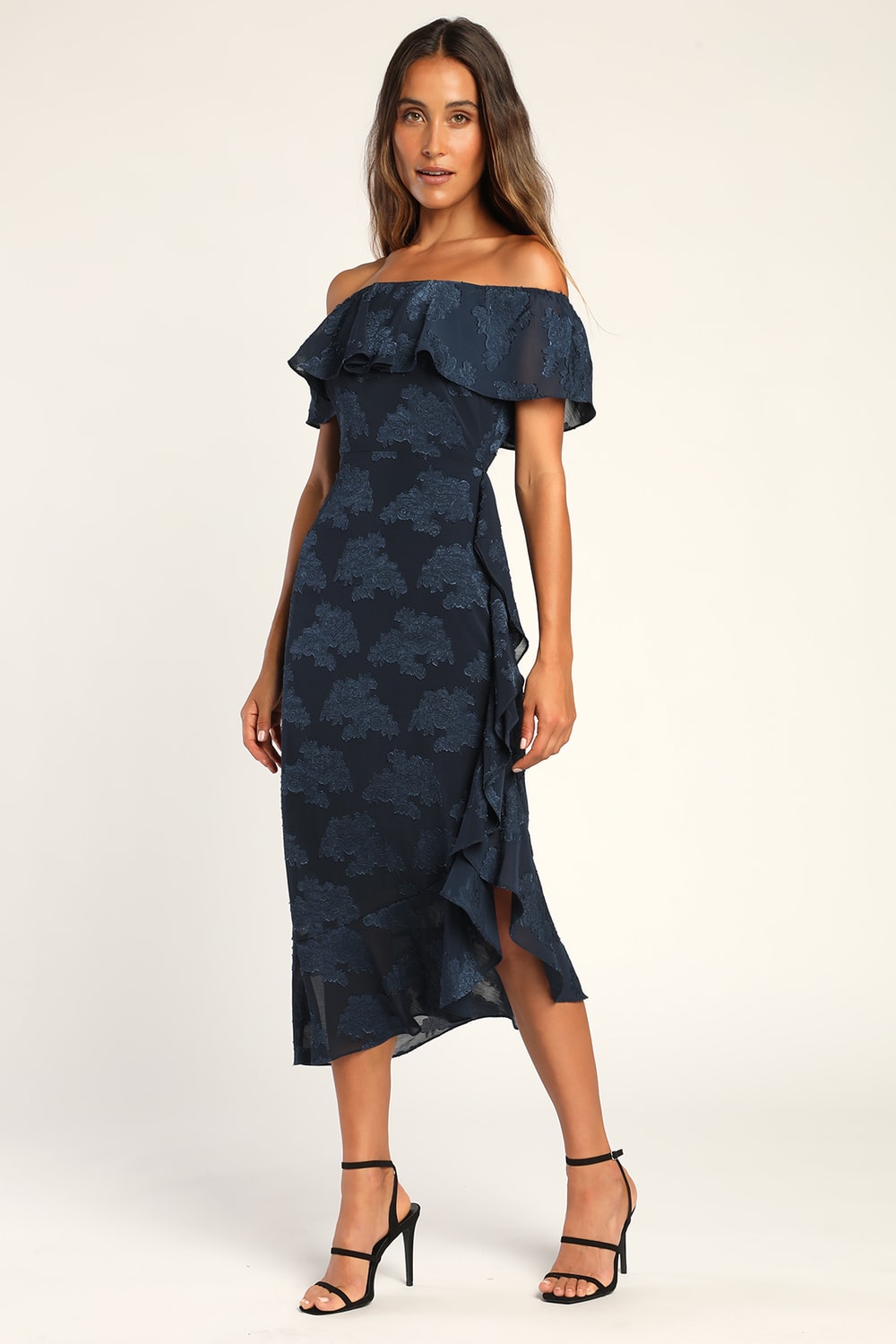 Pretty Perfect Navy Floral Burnout Off-The-Shoulder Midi Dress