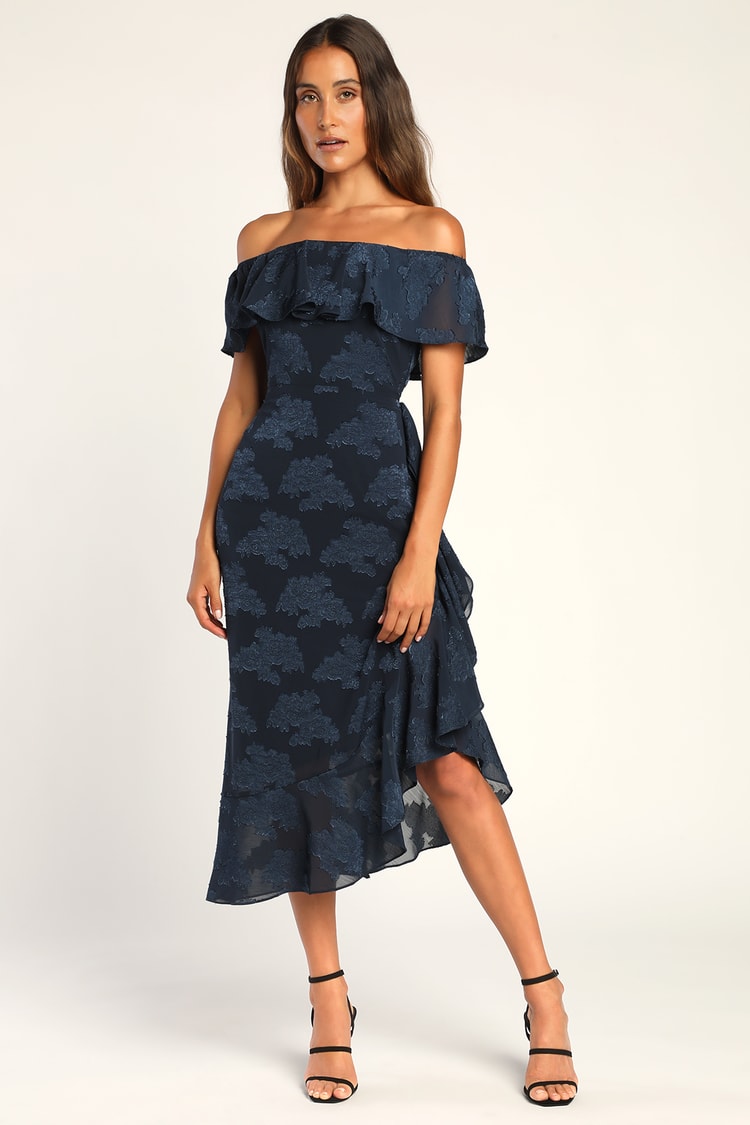 Pretty Perfect Navy Floral Burnout Off-The-Shoulder Midi Dress