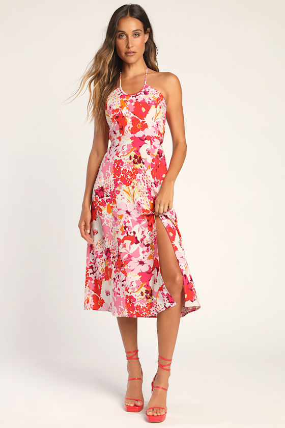Pink Floral Print Dress Halter Midi Dress Slit Midi Dress Lulus