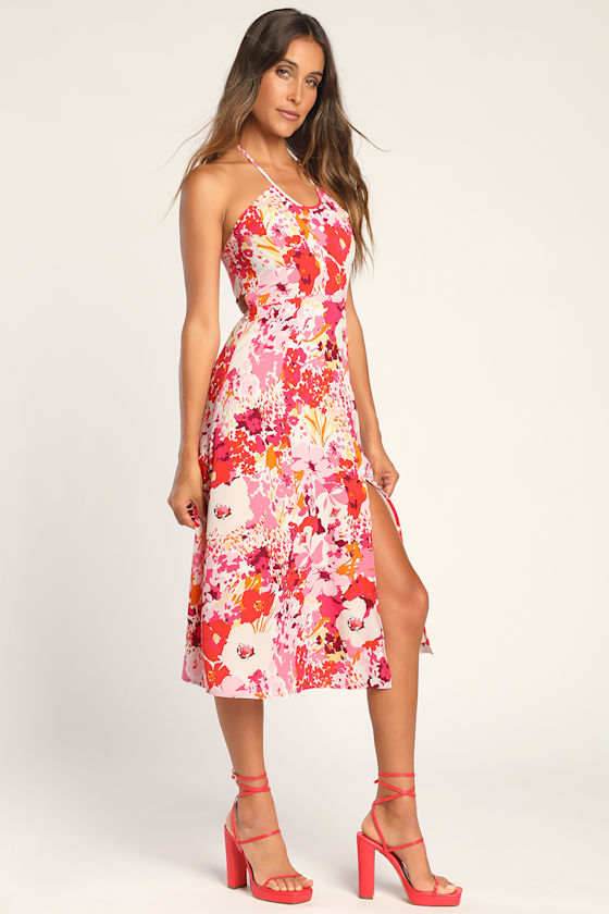 Paradise Bound Pink Floral Print Halter Midi Dress 3