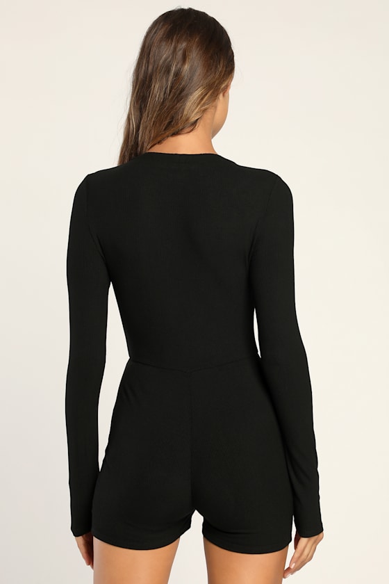 Leisurely Love Black Ribbed Long Sleeve Lounge Romper 4