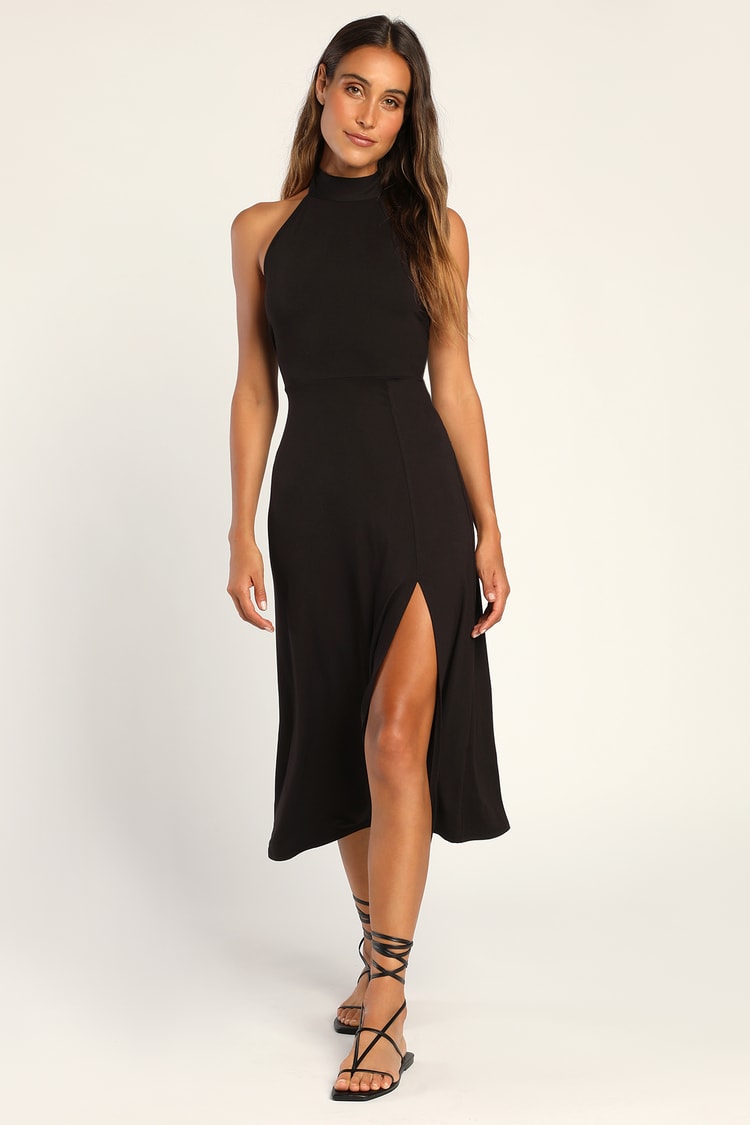 Unforgettable Favorite Black Halter Midi Dress