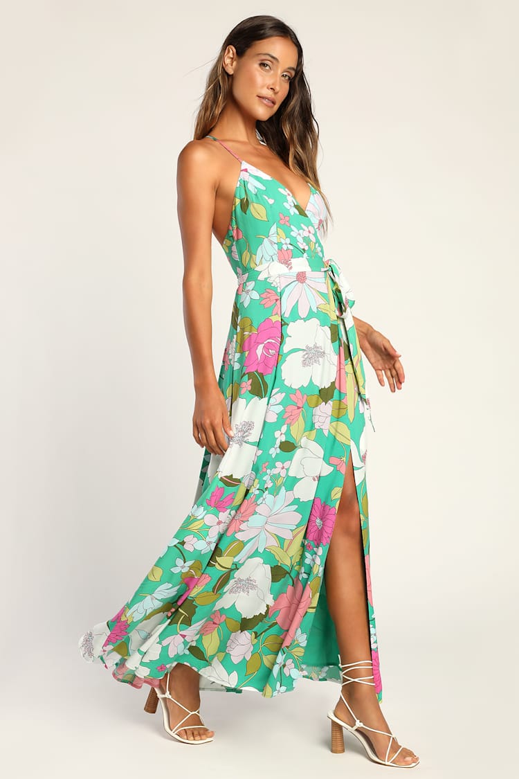 Groovy Girl Green Floral Print Wrap Maxi Dress