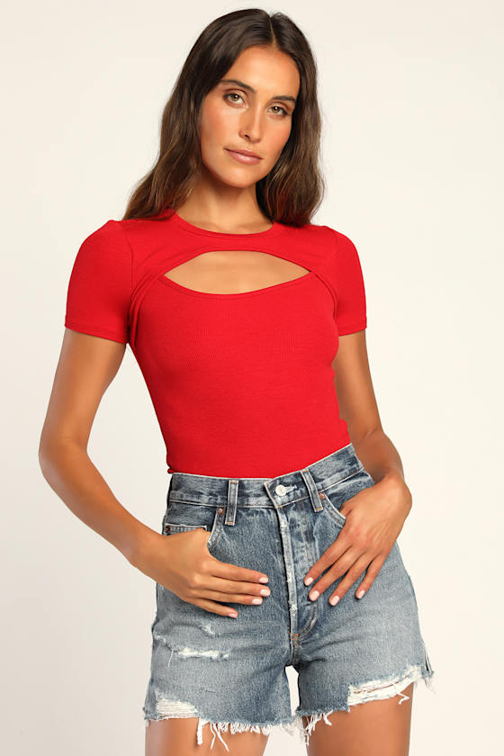 Flirty Little Secret Red Ribbed Cutout Short Sleeve Top 2