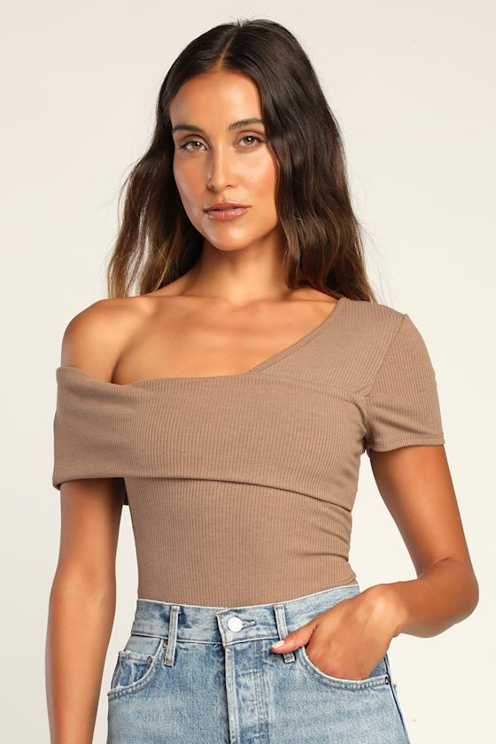 My Charming Ways Light Brown Ribbed One Shoulder Bodysuit 1