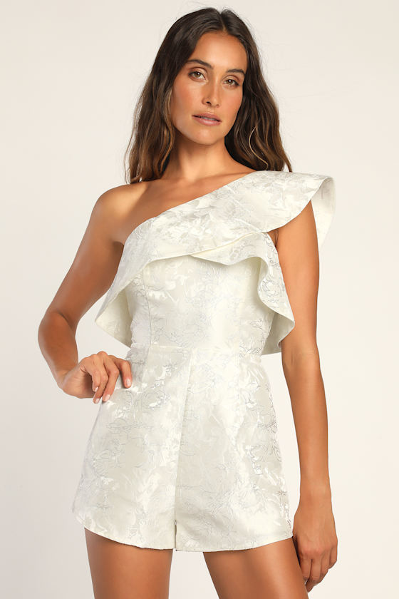 Ivory Floral Romper Jacquard Romper OneShoulder Romper Lulus