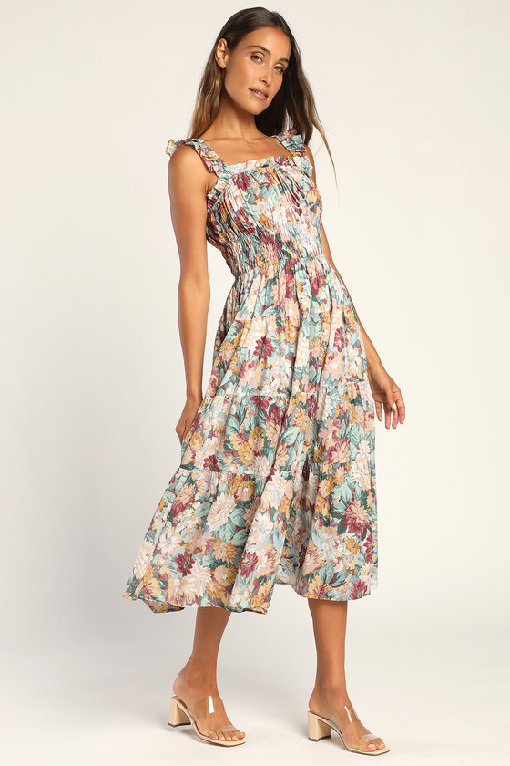 Multi Floral Midi Dress - Tiered Midi Dress - Ruffled Midi Dress - Lulus