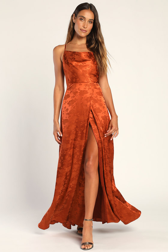 Lulus Simply Dreamy Rust Orange Satin Floral Jacquard Maxi Dress