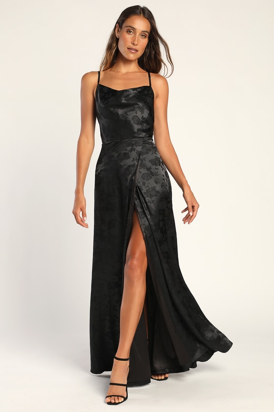 Simply Dreamy Black Satin Floral Jacquard Maxi Dress