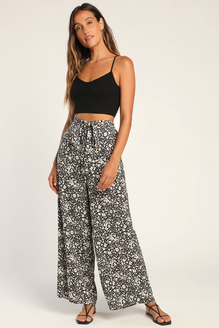 Black Floral Print Pants - Wide-Leg Pants - Summer Pants - Lulus