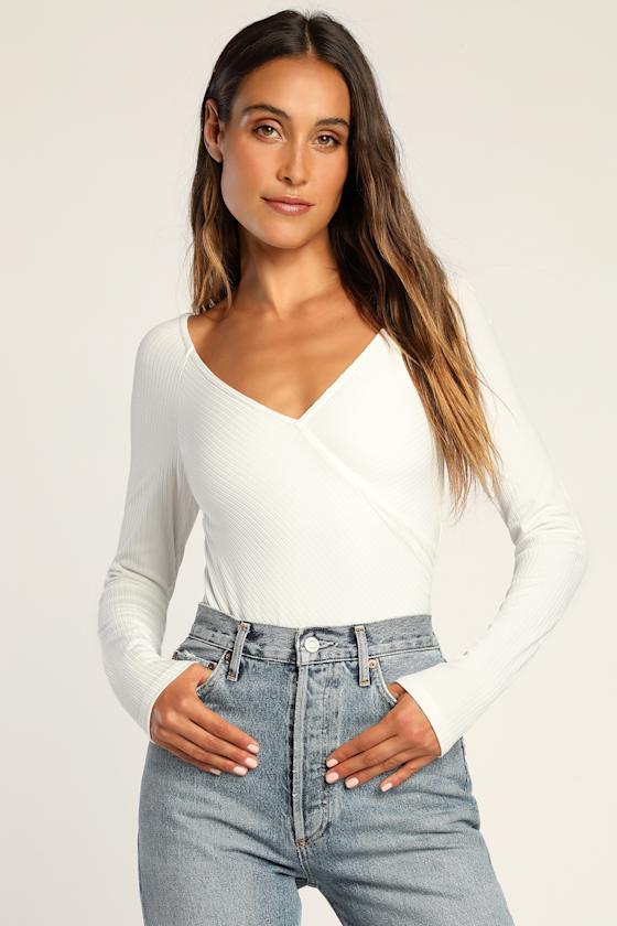 White Long Sleeve Bodysuit VNeck Bodysuit Knit Bodysuit Lulus — free download