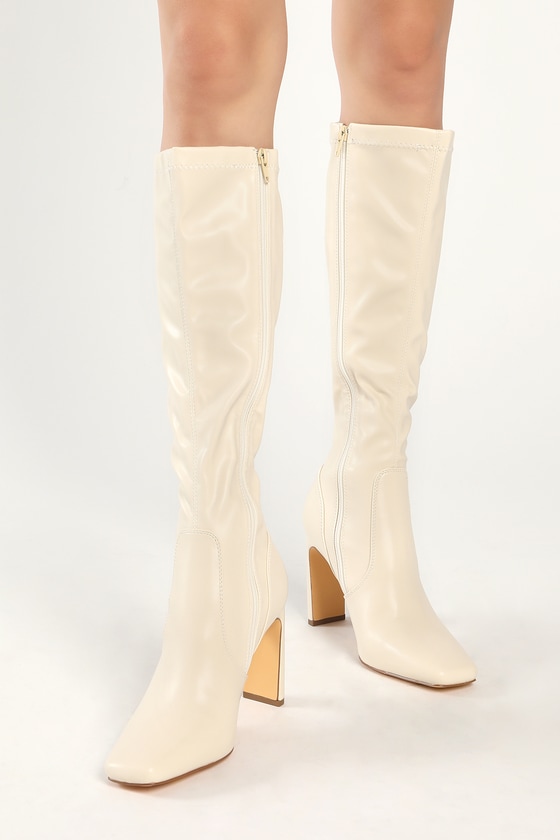 Yassyy Bone White Square-Toe Knee High Boots