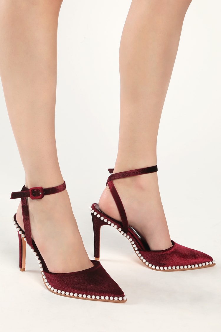 Joshi Wine Red Velvet Pearl Studded Pointed-Toe Pumps