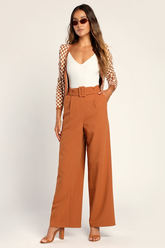 Dress It Up Brown Belted High-Waisted Wide Leg Pants 2
