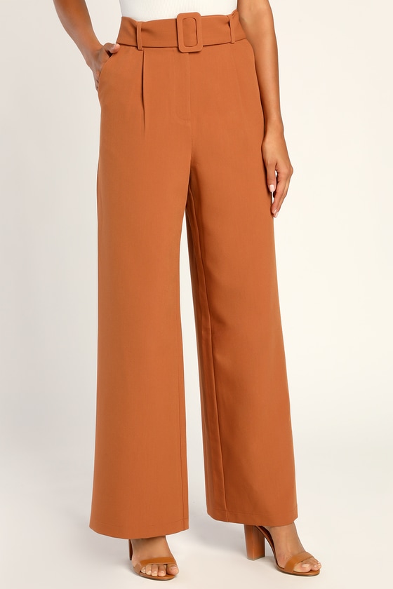 Dress It Up Brown Belted High-Waisted Wide Leg Pants