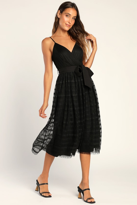 Step Into the Spotlight Black Mesh Lace Midi Dress