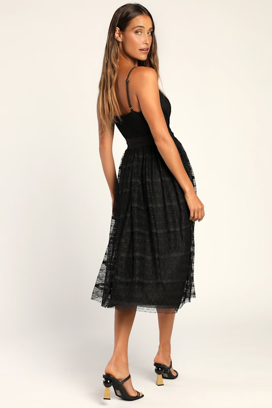 Leanne | Black Mesh And Lace Crew-Neck Fishtail Midi Dress
