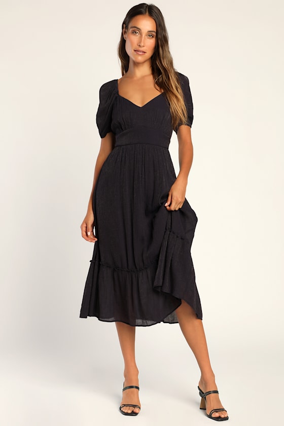 Women's Navy Blue Puff Sleeve Satin Fit & Flare Midi Dress