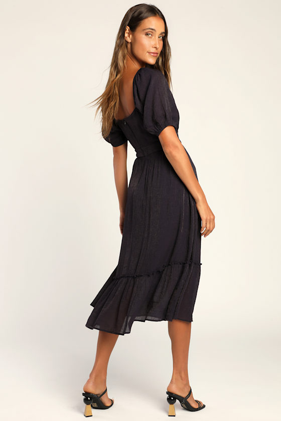 Navy Blue Midi Dress - Puff Sleeve Dress - Empire Waist