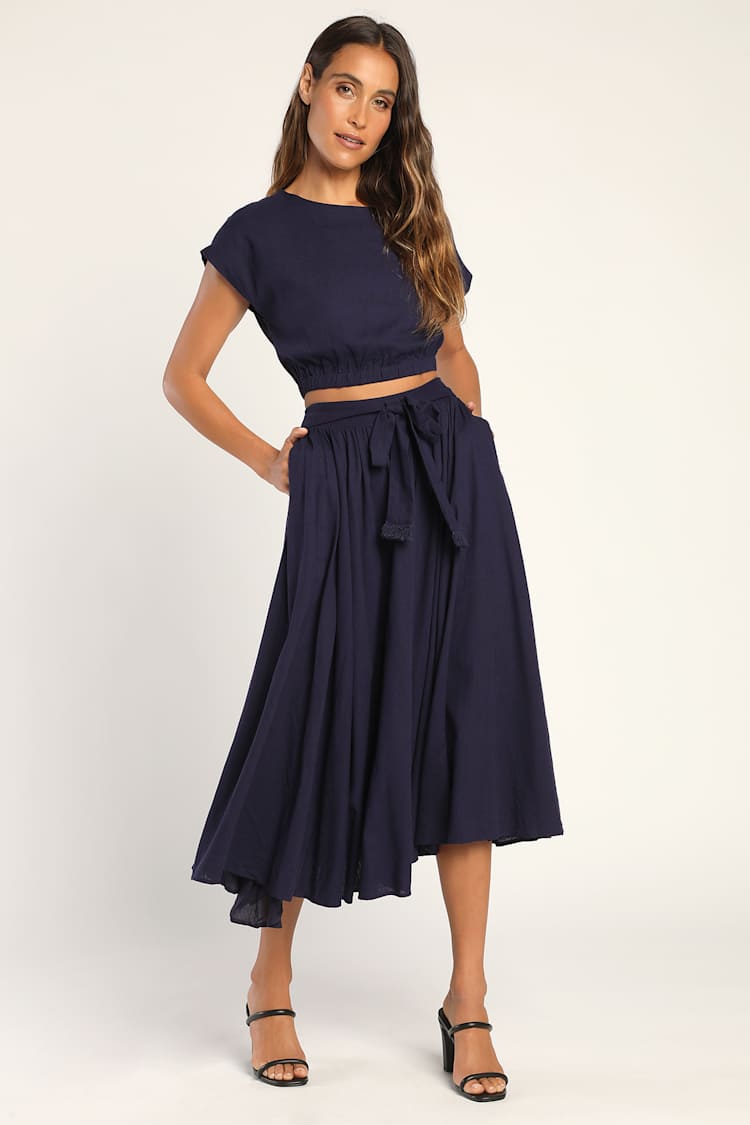 Navy Two-Piece Dress - Linen Midi Dress - Short Sleeve Dress - Lulus