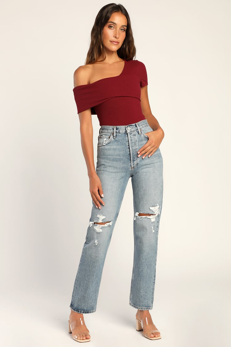 My Charming Ways Burgundy Ribbed One Shoulder Bodysuit