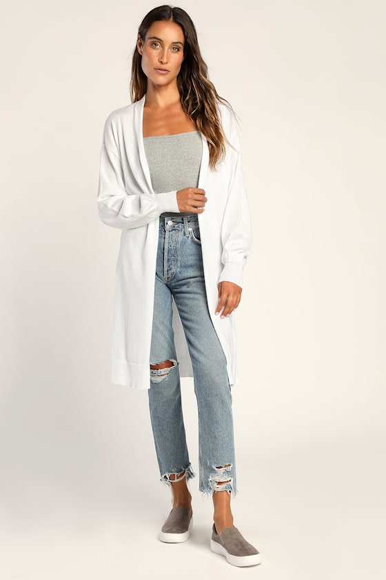 Comfort Treat White Knit Open Front Long Cardigan Sweater 1