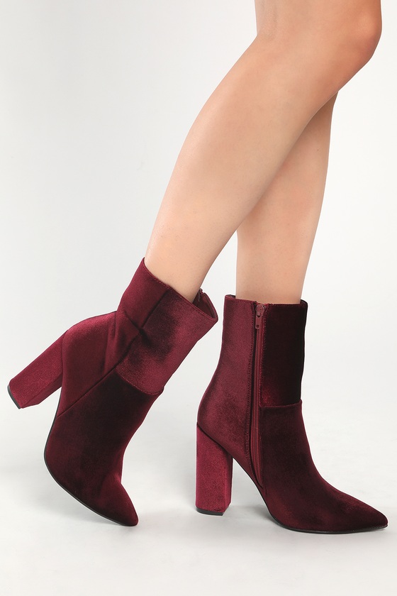 Wine Velvet Boots - Block Heel Boots - Pointed-Toe Boots - Lulus
