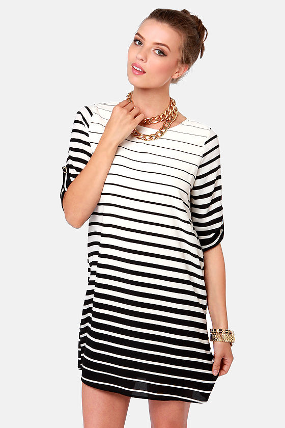 chinese dress ladies URBAN ANNA STRIPE A-LINE DRESS, WHITE/BLACK