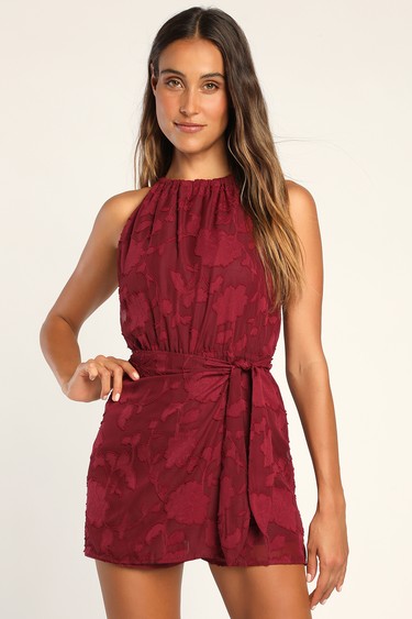 Thoughts of Love Wine Red Burnout Chiffon Skort Romper