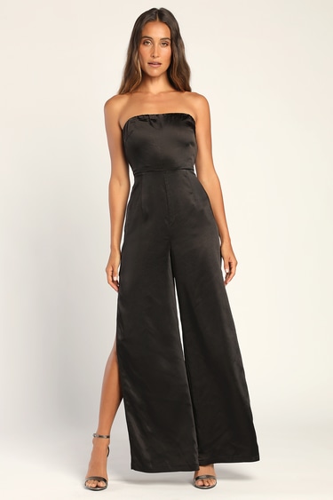 My Sultry Side Black Satin Strapless Wide-Leg Jumpsuit
