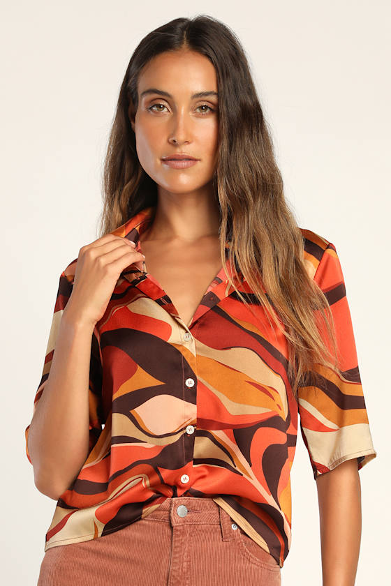Got Good Vibes Orange Abstract Print Short Sleeve Button-Up Top 3