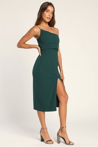 Elegant Allure Hunter Green One-Shoulder Sleeveless Midi Dress