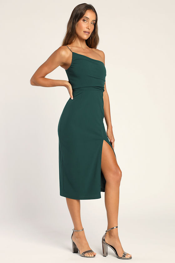 Elegant Allure Hunter Green One-Shoulder Sleeveless Midi Dress 1