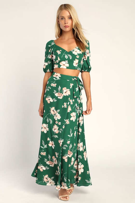 Green Floral Midi Dress - 2 -Pc Midi Dress - Lace-Up Dress - Lulus