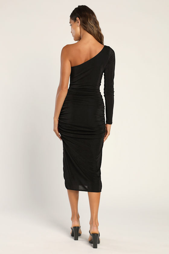 New Attraction Black Long Sleeve One Shoulder Ruched Midi Dress 2