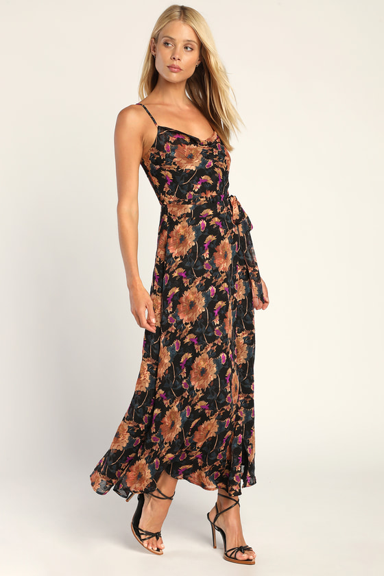 Black Floral Maxi Dress - Faux Wrap Dress - Chiffon Maxi Dress - Lulus