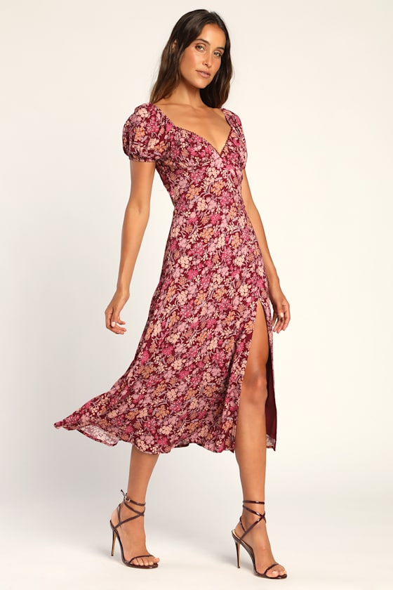 Meadow Muse Burgundy Floral Tie-Back Puff Sleeve Midi Dress 4