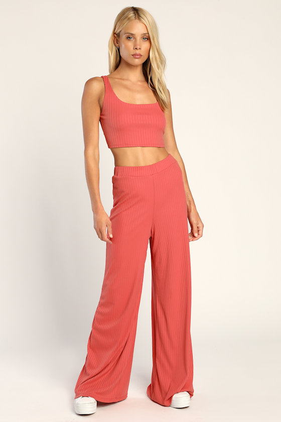 Let's Unwind Coral Pink Ribbed Square Neck Cropped Tank Top 2