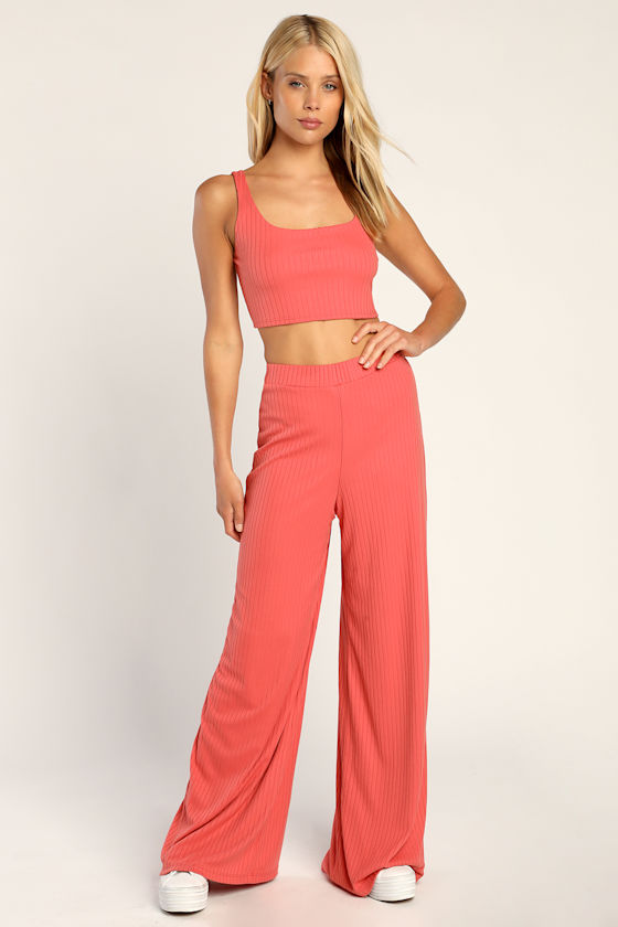 Coral Ribbed Pants Lounge Pants WideLeg Pants Ribbed Pants Lulus