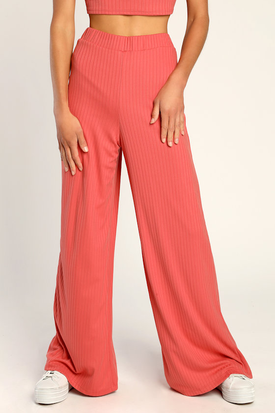 Let's Unwind Coral Pink Ribbed Wide-Leg Pants 2