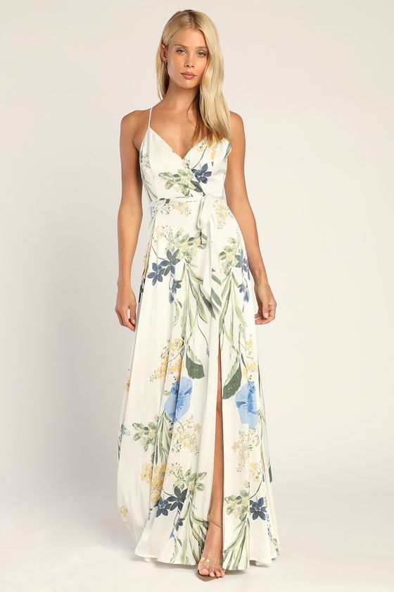White Satin Maxi Dress - Floral Print Dress - Surplice Maxi Dress - Lulus