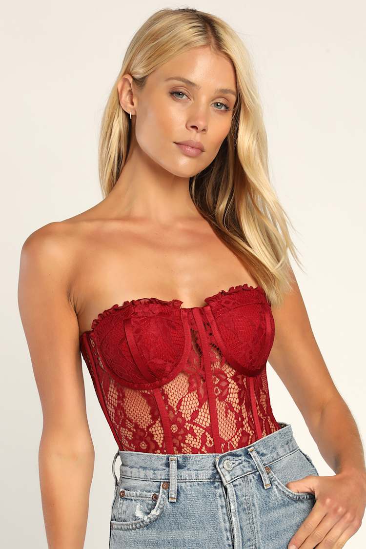 Art of Seduction Wine Red Lace Strapless Corset Bodysuit