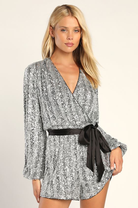 Shiny Sequin Romper Long Sleeve Romper Silver Romper Lulus