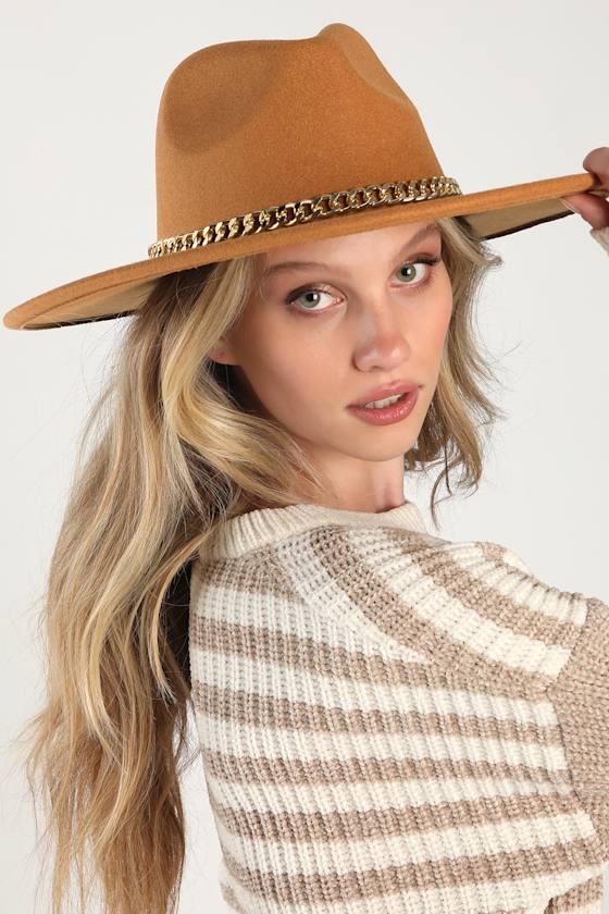 Cute Light Brown Hat Fedora Hat Felt Hat Gold Chain Hat Lulus