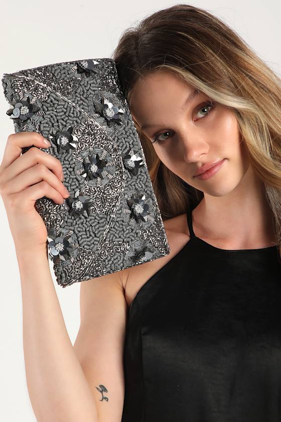 Live to Shine Grey Floral Sequin Beaded Clutch 1